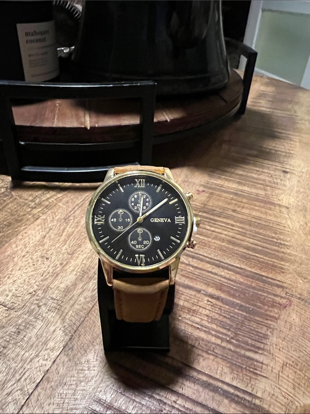 Geneva Gold Case Black Dial Watch with Tan Strap